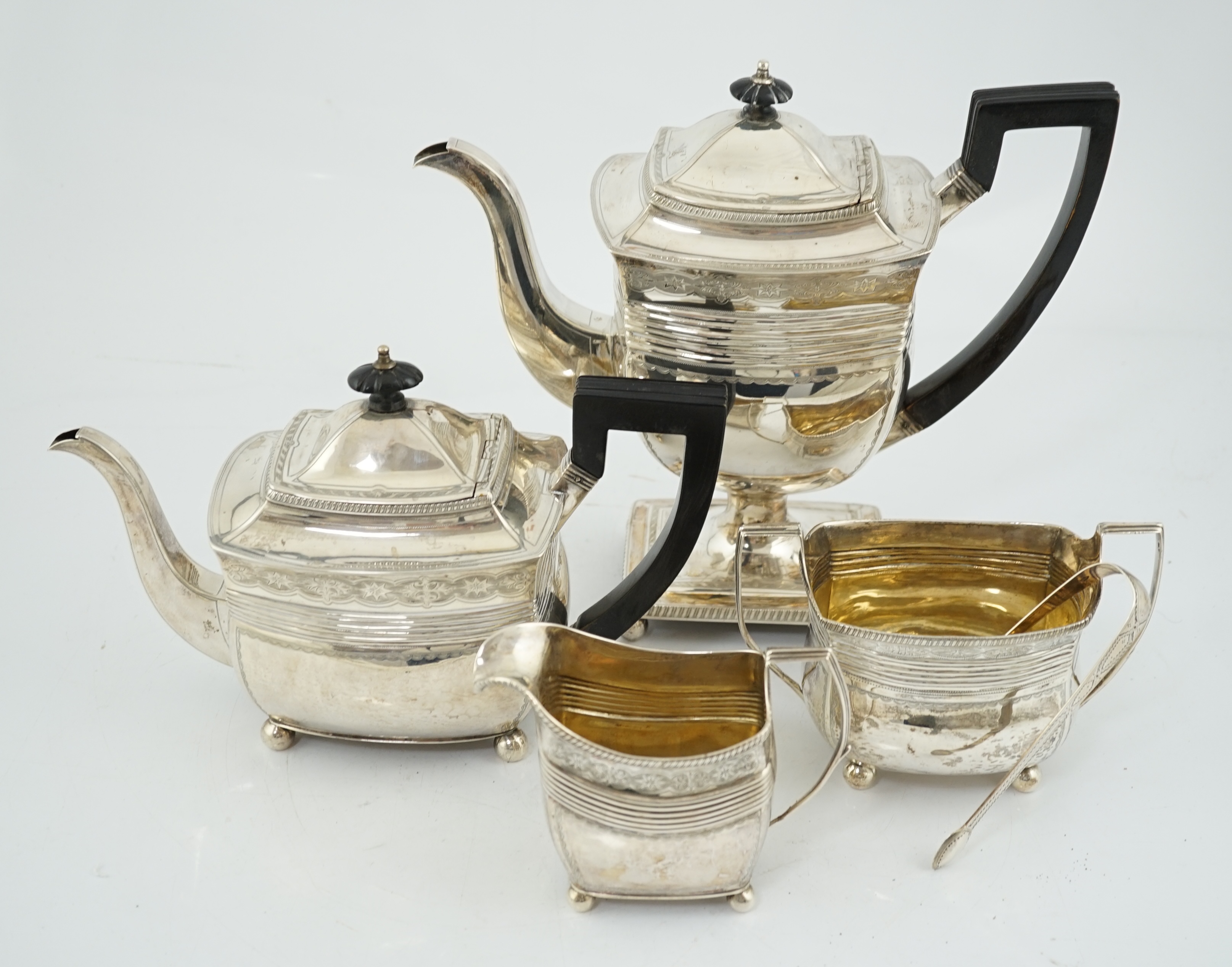 A George III engraved silver four piece tea and coffee service, by Peter & William Bateman